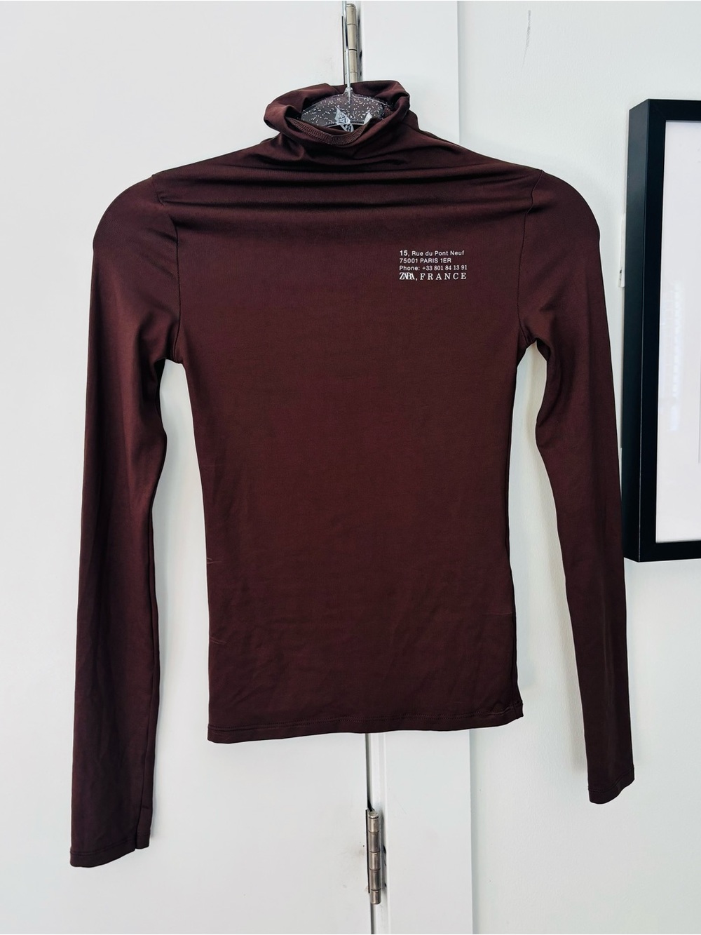 NWT Zara Paris Rue print chocolate brown stretch Bodycon turtleneck LA size smal